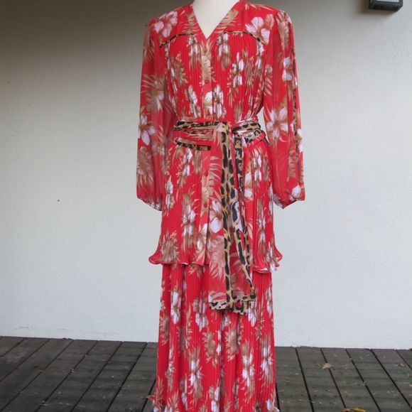Diane Freis 2pc Skirt Top Georgette Dress w Scarf 8 10 12 Flower Leopard Pleats - Picture 1 of 14
